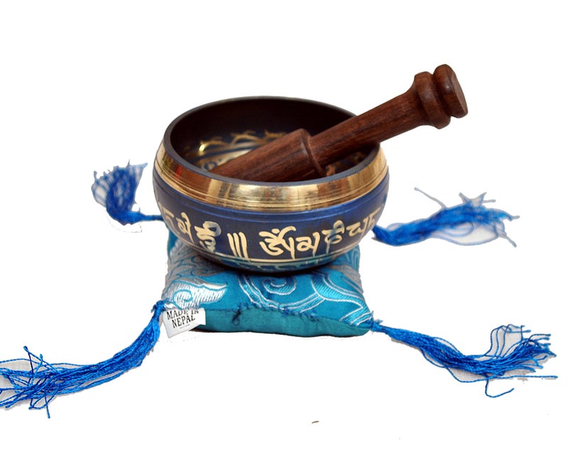 Dharma Store Tibetan Singing Bowl Set By Dharma Store - With Traditional Design Tibetan Buddhist Prayer Flag - Handmade in Nepal (Blue) - Image 3